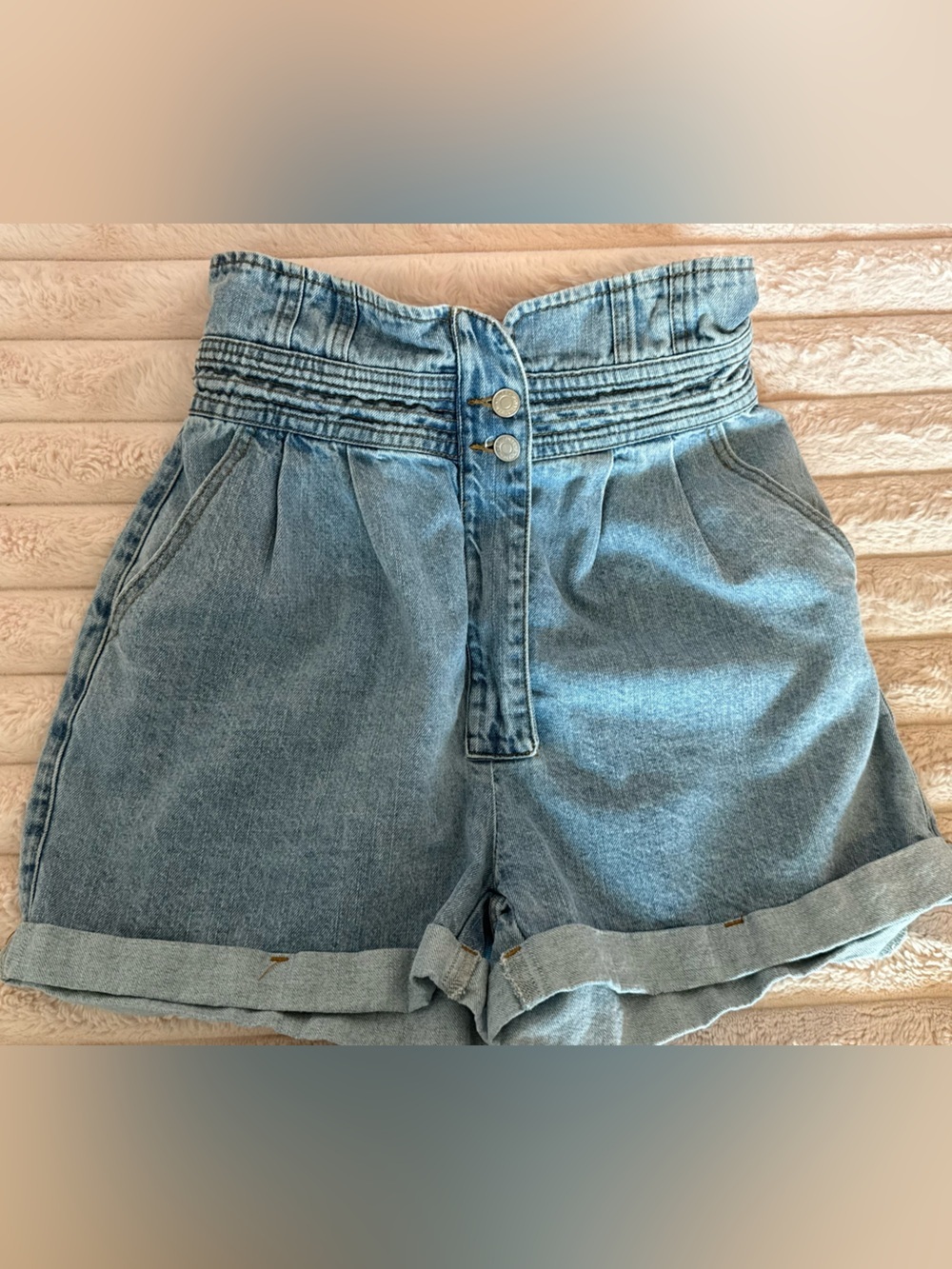 Signature 8 High Waisted Paperbag Denim Shorts Cuffed